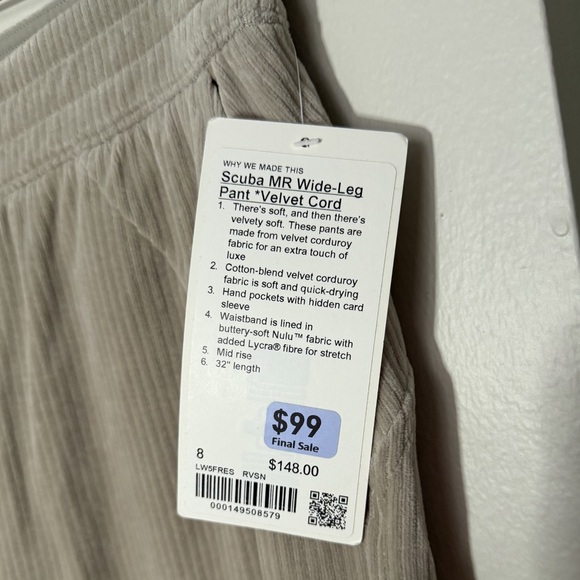 *Lululemon Scuba MR Wide-Leg Pant Velvet Cord - Raw Linen - Size 12 - Picture 4 of 5